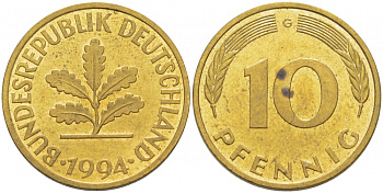 ФРГ 10 ПФЕННИГОВ 1994 G KM 108, J.383 сталь плакированная латунью 3718-911