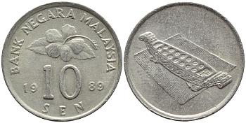 Малайзия 10 сенов 1989 цветок KM 51 медно-никель 4178-368