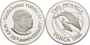 Тонга 2 паанга 1986 серия 25 лет защиты окружающей среды, кит кашалот KM 121 серебро PROOF 04-011-22