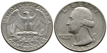 США 25 центов (квотер) 1967 Вашингтон KM 164а медь плакированная медно-никелем 57-416