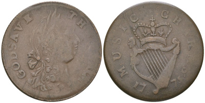 Великобритания 1/2 пенни 1795 боже, храни короля, арфа, гурт гладкий Atkins 313 медь 1523-134