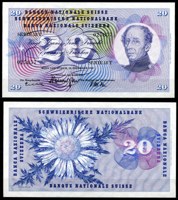Швейцария 20 франков 1959 генерал Гийом-Анри Дюфур, 23 декабря 1959 Pick  46 g  бумага   6285-6-3-2