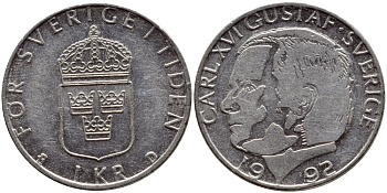 Швеция 1 крона 1992 Карл XVI Густав (1973- ) KM 852a медно-никель 4384-1255