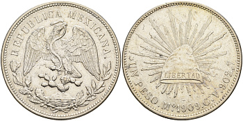 Мексика 1 песо 1909 Mo KM 409.2 серебро aUNC 06-236-41