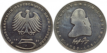 ФРГ 5 марок 1981 J, 200 лет со дня смерти Готхольда Эфраима Лессинга KM 154, J.429 медно-никель плакированный никелем UNC 1520-1342