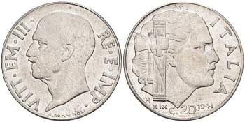 ИТАЛИЯ 20 ЧЕНТЕЗИМО 1941 R, ГОД XIX, ВИКТОР ЭММАНУИЛ III (1900-1946) KM 75b, VEM3. 1028 нержавеющая сталь 3853-1023