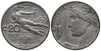 ИТАЛИЯ 20 ЧЕНТЕЗИМО 1922 R KM 44 никель 4385-1033