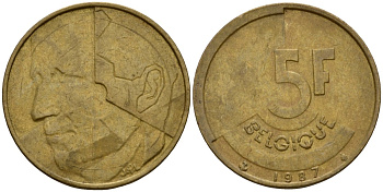 Бельгия 5 франков 1987 Belgique, Бодуэн I (1951-1993) KM 163 алюминиевая бронза 4601-211