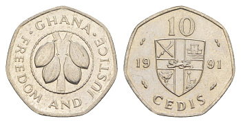 Гана 10 седи 1991 KM 29 сталь плакированная никелем UNC 4643-719