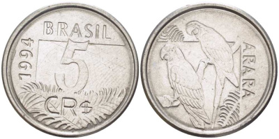 БРАЗИЛИЯ 5 КРУЗЕЙРО РЕАЛ 1994 РЕФОРМА 1993-1994, ПОПУГАИ АРА KM 627 нержавеющая сталь 4388-253