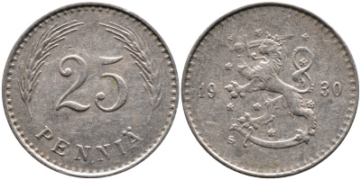 ФИНЛЯНДИЯ 25 ПЕННИ 1930 S KM 25 медно-никель 4387-455