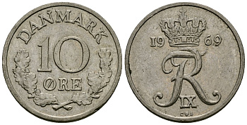 Дания 10 эре 1969 C,S, Фредерик IX (1947-1972) KM 849.1 медно-никель 4136-859