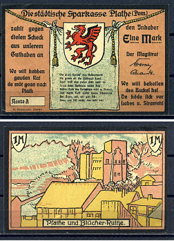 Плате (Пруссия, Померания) 1 марка ND (1921) Plathe бумага UNC (пресс) 7556-28-3-2