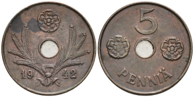 ФИНЛЯНДИЯ 5 ПЕННИ 1942 KM 64.1 медь 192-1063