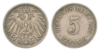 Германия 5 пфеннигов 1905 A, Вильгельм II (1888-1918) KM 11, J. 12 медно-никель 4647-862
