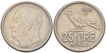 Норвегия 25 эре 1964 Улаф V (1958-1991), синица KM 407 медно-никель 4580-1033
