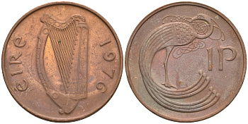 ИРЛАНДИЯ 1 ПЕННИ 1976 ПТИЧКА KM 20 бронза UNC 4588-1036
