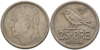 Норвегия 25 эре 1963 Улаф V (1958-1991), синица KM 407 медно-никель 4154-812