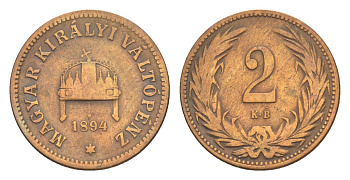Венгрия 2 филлера 1894 KB, Франц Иосиф I (1848-1916), редкий год KM 481 бронза 4613-166