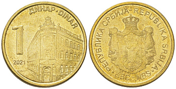 Сербия 1 динар 2021 KM 54 сталь плакированная латунью UNC 4546-146