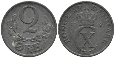 ДАНИЯ 2 ЭРЕ 1942 N; S, КРИСТИАН X (1912-1947) KM 833a цинк 67-152