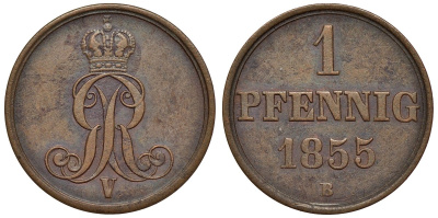 Ганновер 1 пфенниг 1855 B, Георг V KM 221, AKS 155, J. 83 медь 4594-516