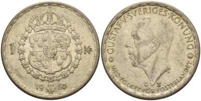 Швеция 1 крона 1950 TS, Густав VI Адольф (1950-1973) KM 814 серебро 4148-1125