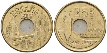 Испания 25 песет 1997 Мелилья (Melilla), Хуан Карлос I (1975-2014) KM 983 латунь 4177-512