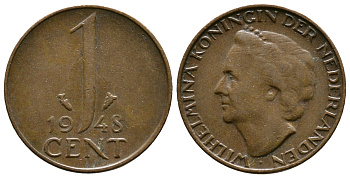 Нидерланды 1 цент 1948 Вильгельмина (1890-1948), год тип KM 175 бронза 177-1141