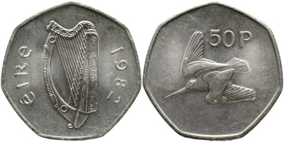 ИРЛАНДИЯ 50 ПЕНСОВ 1982 ВАЛЬДШНЕП KM 24 медно-никель 4531-745