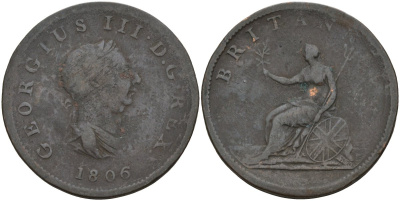 Великобритания 1/2 пенни 1806 Георг III (1760-1820) KM 662, Spink 3781 медь 4144-936