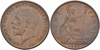 Великобритания 1 пенни 1927 Георг V (1910-1936) КМ 826, Spink 4054 бронза 3996-336