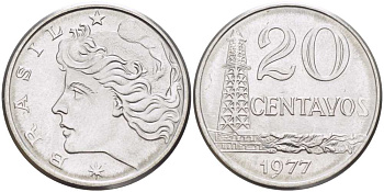 Бразилия 20 сентаво 1977 голова свободы влево KM 579.1a, Schon 84b нержавеющая сталь 4514-1046