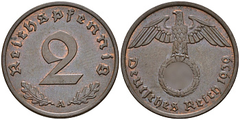 Германия 2 рейхспфеннига 1939 A KM 90, J. 362 бронза 4151-124
