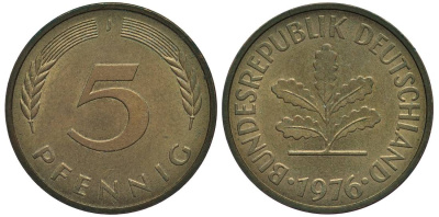 ФРГ 5 ПФЕННИГОВ 1976 J KM 107, Jager 382 сталь плакированная латунью 4547-754