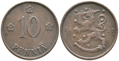 Финляндия 10 пенни 1919 KM 24 медь 28-1257
