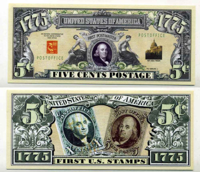 США 5 ПОЧТОВЫХ ЦЕНТОВ ND СУВЕНИРНАЯ БАНКНОТА, ПЕРВЫЙ ПОЧТМЕЙСТЕР АМЕРИКИ, ПЕРВОЕ ПОЧТОВОЕ ОТДЕЛЕНИЕ 1775 ГОД бумага UNC (ПРЕСС) 8588-28-3-2