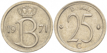 Бельгия 25 сантимов 1971 Belgie, Бодуэн I (1951-1993 KM 154.1 медно-никель 4528-133