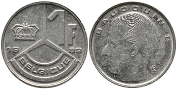 БЕЛЬГИЯ 1 ФРАНК 1989 BELGIQUE KM 170 сталь плакированная никелем 99-1221