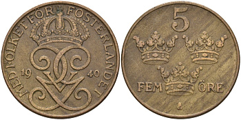 Швеция 5 эре 1940 Густав V (1907-1950) KM 779.2 бронза 4148-234