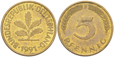 ФРГ 5 пфеннигов 1991 F KM 107, J. 382 сталь плакированная латунью 187-553