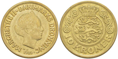 ДАНИЯ 10 КРОН 1989 NR; JP; A, МАРГРЕТЕ II (1972-) KM 867.1 алюминиевая бронза 67-721