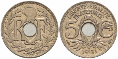 Франция 5 сантимов 1931 тип Линдайё KM 875, Le Franc 122.14 медно-никель 105-361