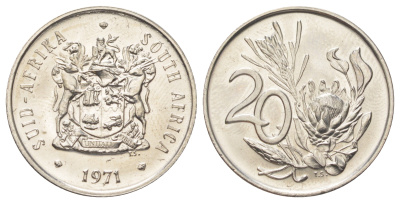 ЮАР 20 центов 1971 KM 86 никель PROOF 4620-546