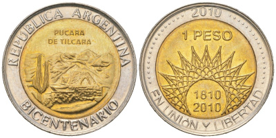 Аргентина 1 песо 2010 200 лет Аргентине - развалины крепости Пукара около г. Тилькара KM 159 биметалл UNC 4620-651
