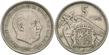 Испания 5 песет 1957 (58) Франсиско Франко (1939 - 1975) KM 786 медно-никель 4155-522