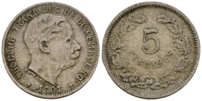 Люксембург 5 сантимов 1901 герцог Адольф (1890-1905) KM 24 медно-никель 4602-336