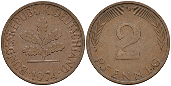ФРГ 2 пфеннига 1974 F J.381a, KM 106a сталь плакированная медью    4598-821