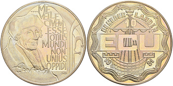 НИДЕРЛАНДЫ 10 ЭКЮ 1991 ЭРАЗМ РОТЕРДАМСКИЙ медно-никель UNC 4552-825