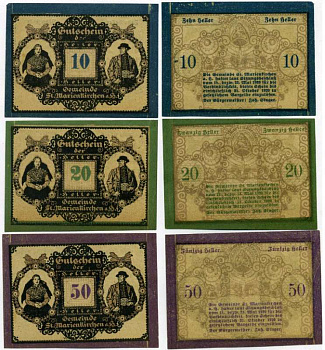 Австрия, Санкт-Мариенкирхен набор из 3 банкнот 10, 20, 50 геллеров 1920 23 мая 1920 - 31 октября 1920, нотгельд, ярмарочная коммуна в земле Верхняя Австрия   бумага  UNC (пресс) 7555-27-2-2
